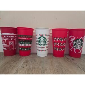 Starbucks Holiday Reusable Cold Cup Set 5 Venti 24oz Red White Merry Coffee 2019